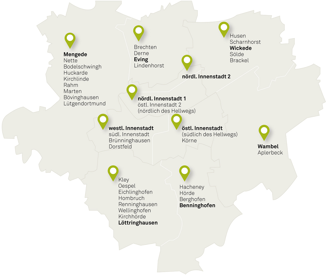 Kartengrafik der DOGEWO21-Kundenzentren in Dortmund