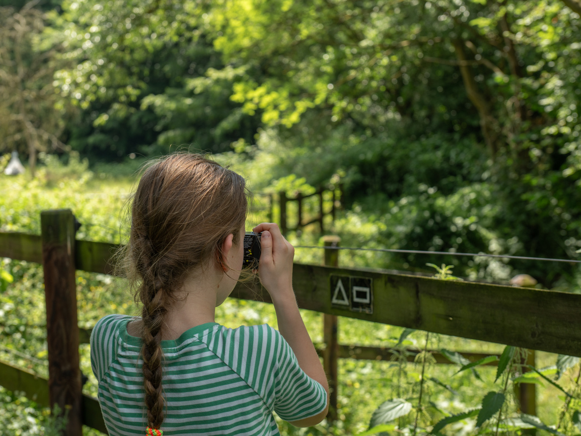 Ein Mädchen fotografiert etwas mit einer Einwegkamera