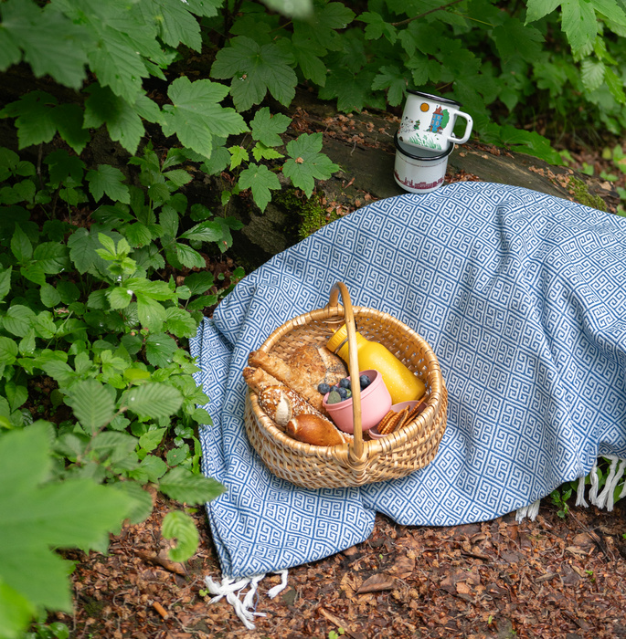 Ein gefüllter Picknick-Korb, der auf einem Baumstamm im Wald steht.