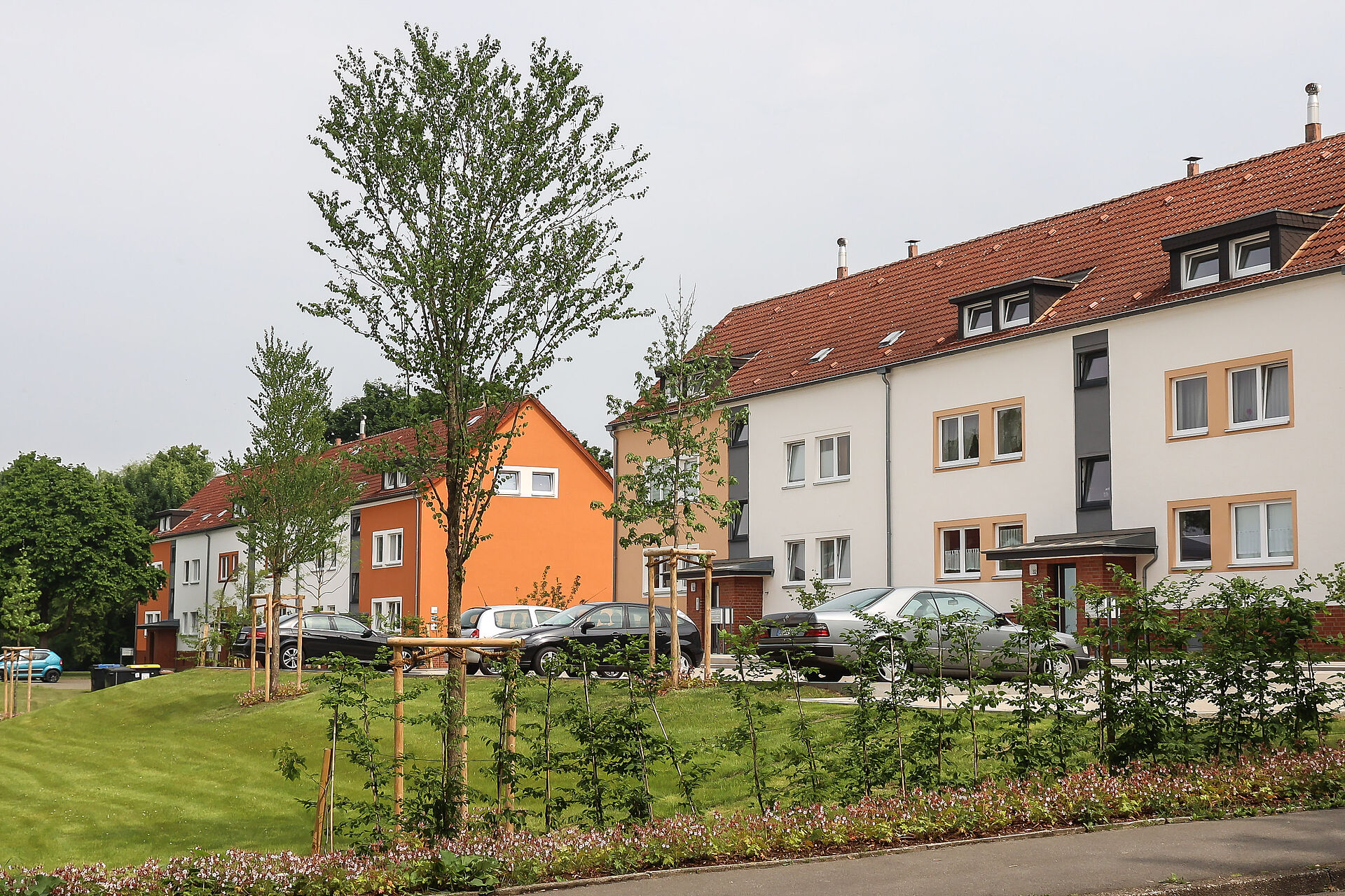 Modernisierte, helle Mehrfamilienhäuser mit neu gestaltetem,  grünem Innenhof