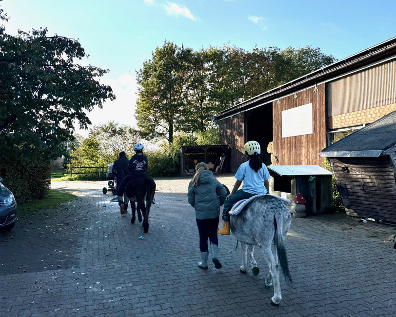 Mehrere Kinder reiten auf Eseln über den Bauernhof Spinne.