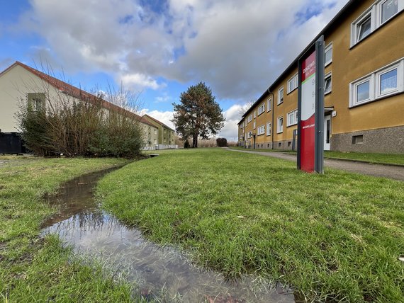 Kleiner Bachlauf vor einer Siedlung der DOGEWO21