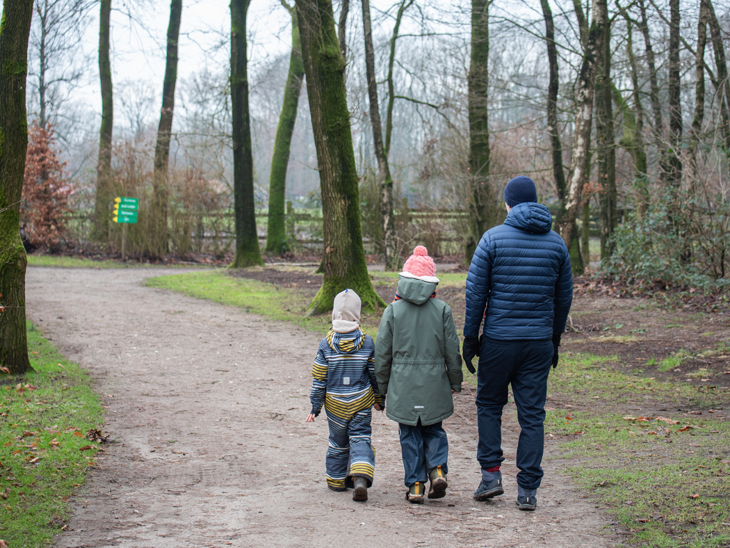 Ein Mann geht mit zwei Kindern auf einem Weg pazieren