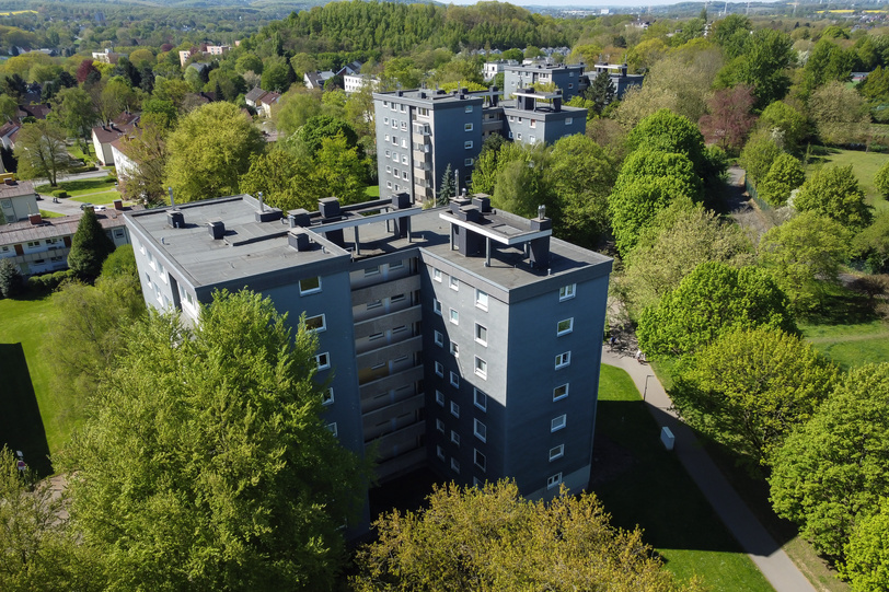 Luftaufnahme von drei hohen Mehrfamilienhäusern, die inmitten vieler Bäume und Grünflächen stehen. 