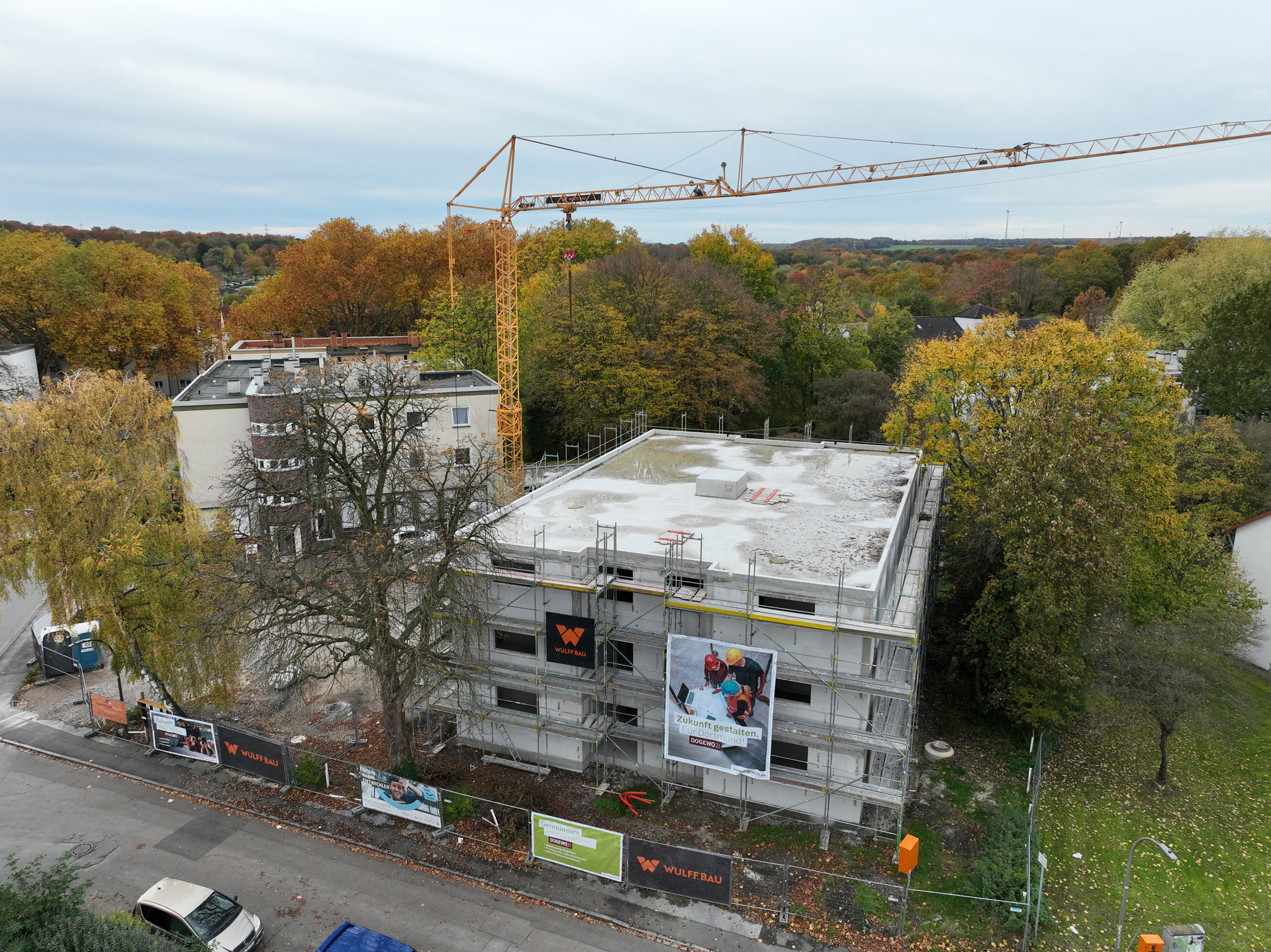 Luftbild vom Rohbau des Neubaus von DOGEWO21